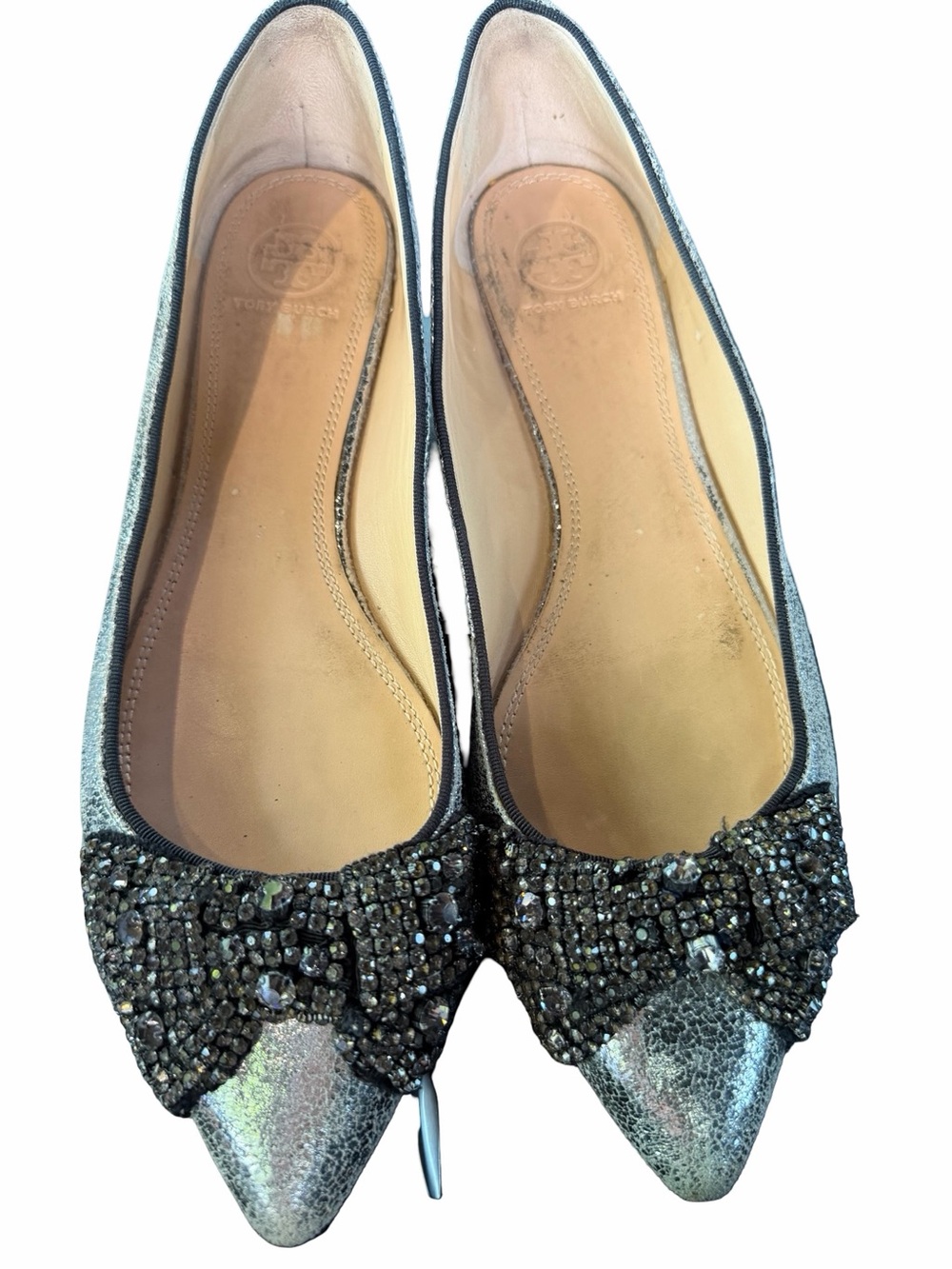 Tory Burch Vanessa Metallic Silver Pointed Toe Crystal Bow Ballerina Flat Size 9 - Picture 6 of 11